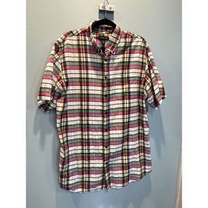 Lands End Casual Shirt‎ Men B&T Size L Colorful Plaid Preppy Short Sleeve Cotton